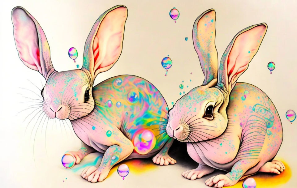 Colorful Stylized Rabbits with Oversized Ears in Iridescent Bubble Scene