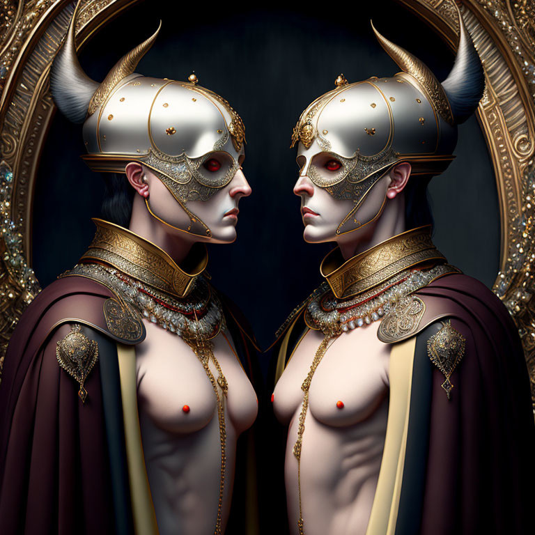 Symmetrical individuals in ornate horned helmets and golden armor on dark background