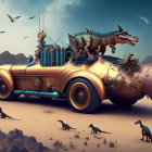 Steampunk-style mechanized crocodile vehicle in desert with creatures.