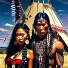 Native American-themed digital artwork with man and woman in traditional attire, teepee, and blue sky.