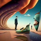 Surreal composition with giant face, distorted head, and dreamlike landscape