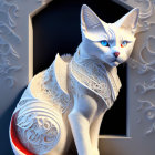 Detailed digital art: White cat with ornate fur patterns, blue eyes, red tail, in front