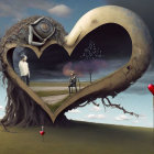 Surreal artwork featuring heart-shaped tree, man with heart balloon, house, dandelion seed