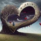 Heart-shaped tree, house, butterflies, hearts, and person with balloon in whimsical artwork