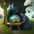 Surreal artwork: man painting birds at table in whimsical landscape