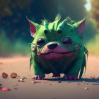 Whimsical digital illustration: Pug dog in green creature costume in forest