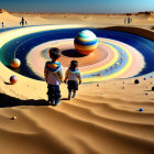 Children in surreal desert with planetary ring system landscape