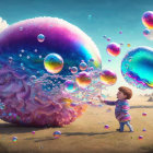 Child in Striped Shirt Reaches for Giant Soap Bubbles in Serene Landscape