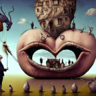 Surreal landscape with giant lips, tiny houses, bird houses, and ducks in hats