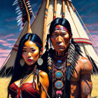 Native American man and woman in traditional attire by tipi under blue sky