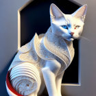 Stylized digital artwork: Cat with white patterns, blue eyes, in front of ornate mirror