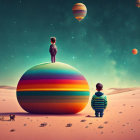 Child and dog on striped sphere in surreal desert with colorful orbs and crescent moon