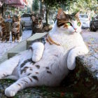 Group of Cats Lounging on Cobblestone Street with Vintage Cars