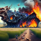 Monstrous house engulfed in flames transforms into creature in tranquil field with onlookers and butterfly