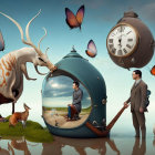 Man in Bubble Sphere with Seascape, Giant Clock, Animals, and Rifle Man