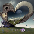 Surreal artwork featuring heart-shaped moon, tree, floating house, man, melting clock, and