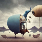 Giant pigeon-bodied creature with capsule and balloon in surreal desert scene