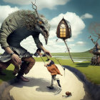 Surreal artwork: Fish-headed man in vintage attire controls human with strings on sandy path