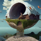 Floating island with house, person, birds, fish, surreal sky