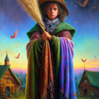 Elder woman in colorful shawl with broom in rural setting