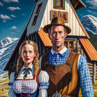 Traditional Bavarian couple in front of alpine house with mountains