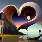 Surreal landscape with heart-shaped portal, starry sky, person, couple in boat, and