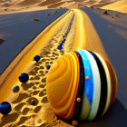 Rippled sand dunes with cosmic-themed spheres trail