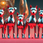 Five stylized robotic dogs in blue and silver against red rocky backdrop