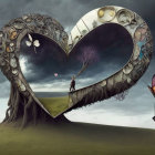 Surreal image of heart-shaped structure with faces and tree