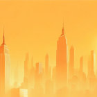 City skyline illustration: warm tones, misty orange glow, skyscrapers silhouetted.