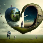 Surreal heart-shaped landscape with birds, house, trees, and figures