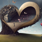 Surreal heart-shaped tree with figures and floating eye in unique image