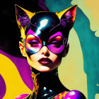 Colorful illustration: Woman in black and purple costume with cat-like ears and mask on vibrant background