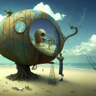 Surreal image: Large tree with hollow trunk, hot air balloon, floating islands, figures in