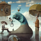 Surreal artwork: man on ladder views giant dove in hourglass, man under umbrella on fish