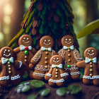 Cheerful gingerbread cookies in festive forest scene