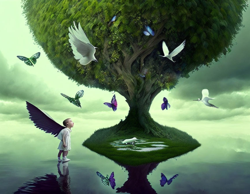 Child with wings near water under lush tree with birds and butterflies against moody sky