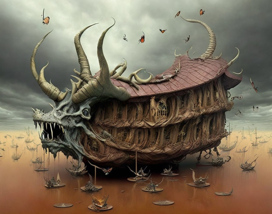 Fantastical scene: beastly creature with house on its back, surrounded by boats and fluttering