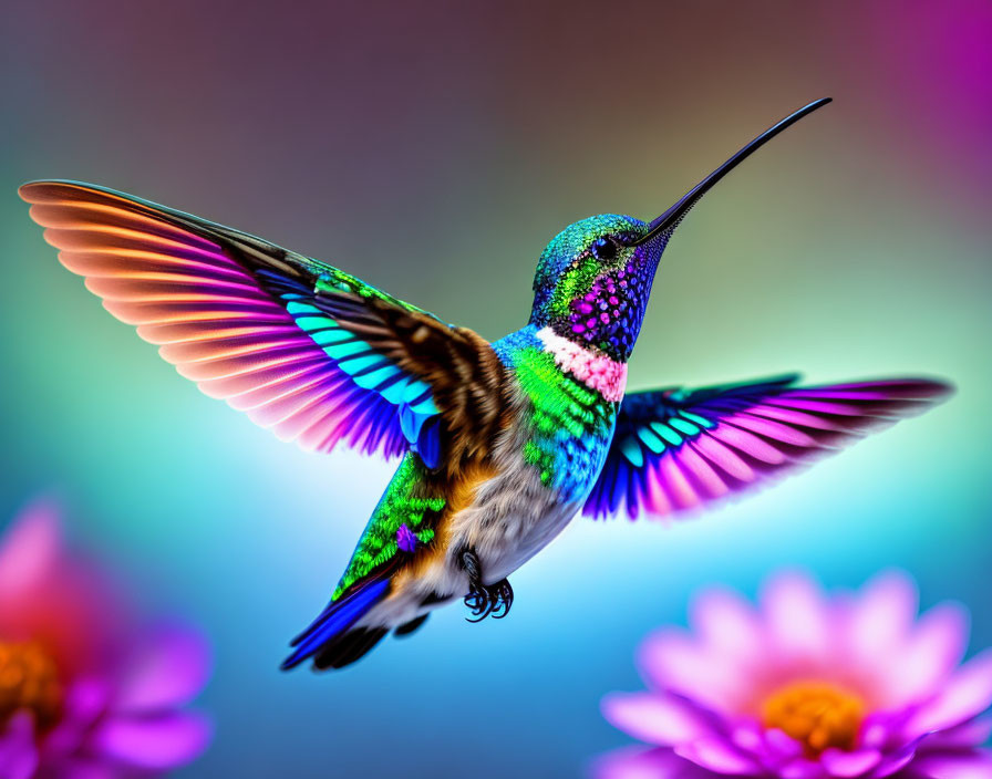 Colorful hummingbird in mid-flight against gradient background