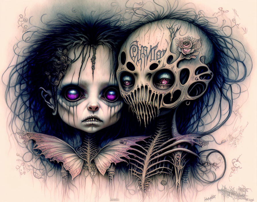 Gothic fantasy art: girl with butterfly wings and skeletal figure with intricate designs.