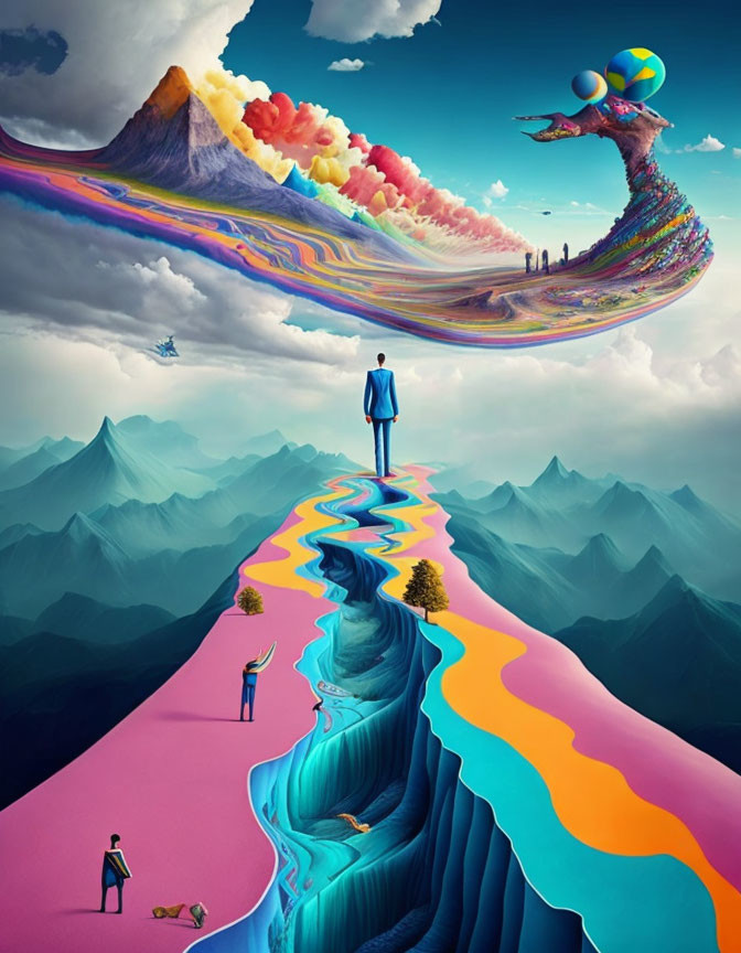 Surrealist artwork: Figure on vibrant path over chasm, floating islands, volcano