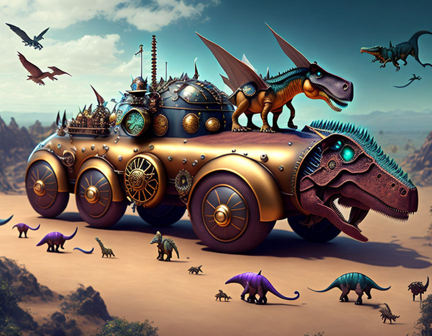 Steampunk vehicle with dinosaur features in desert with flying dinosaurs