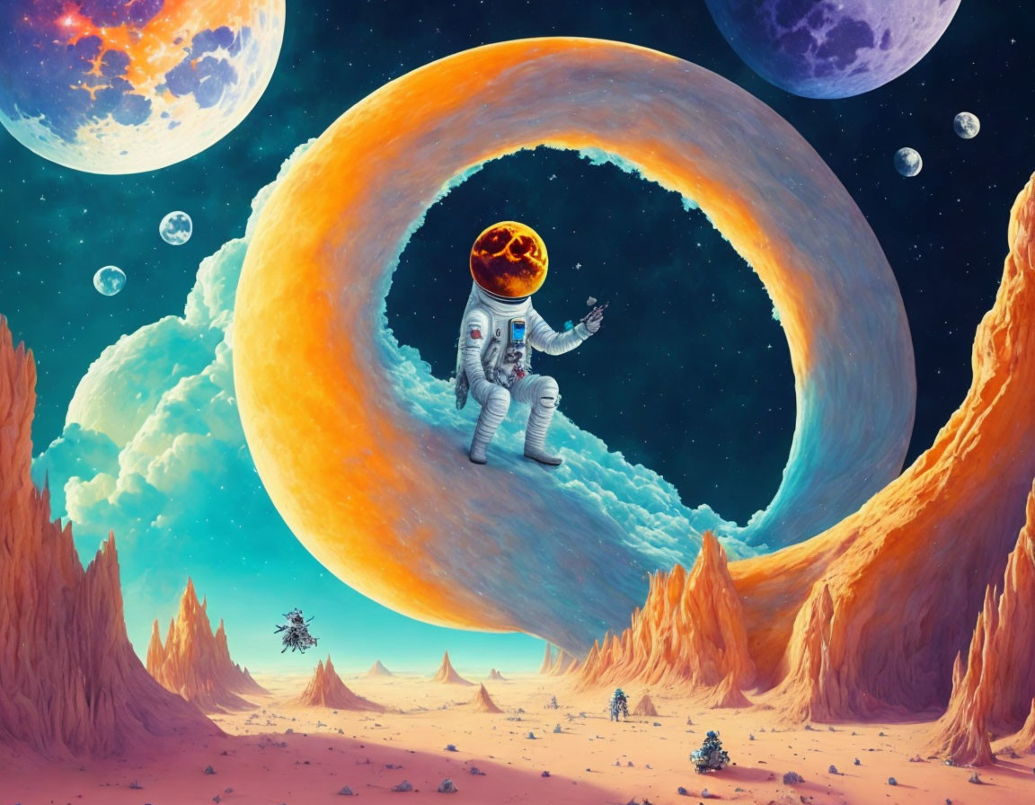 Astronaut floating above vibrant alien landscape with moons