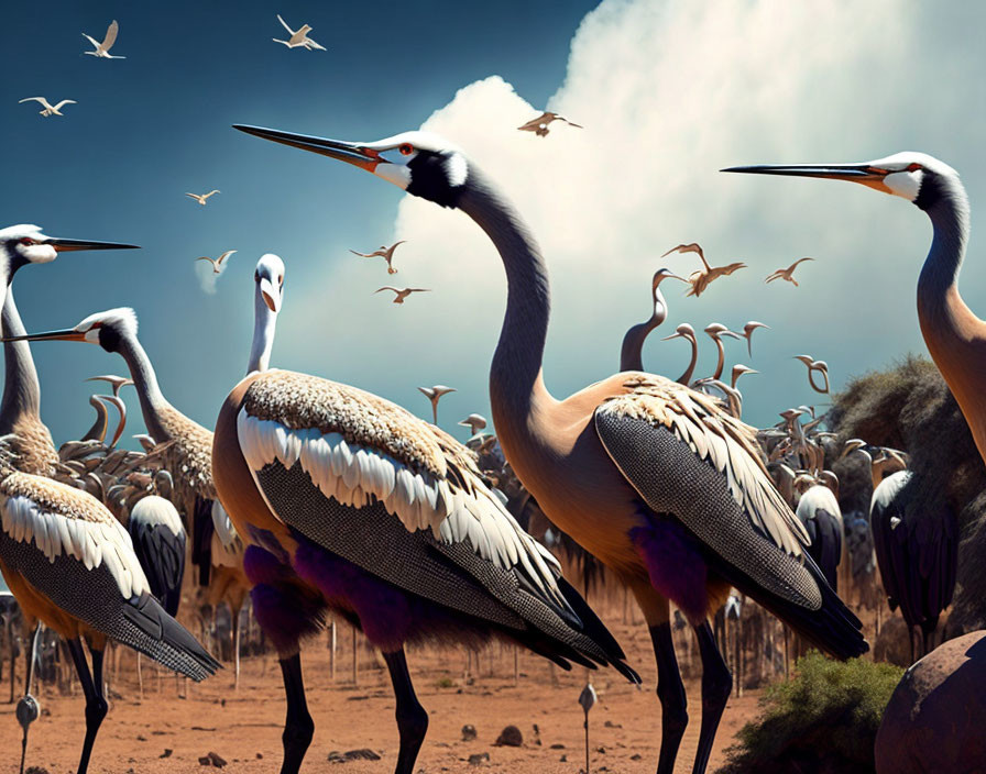 Grey Herons in Flight Over Desert Landscape with Cloudy Sky