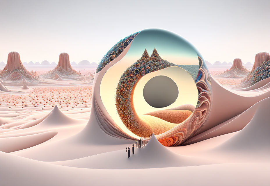 Surreal landscape with eye-shaped structure and intricate details