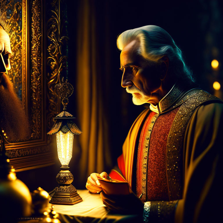 Elderly man in regal robes by lamp in warmly lit interior