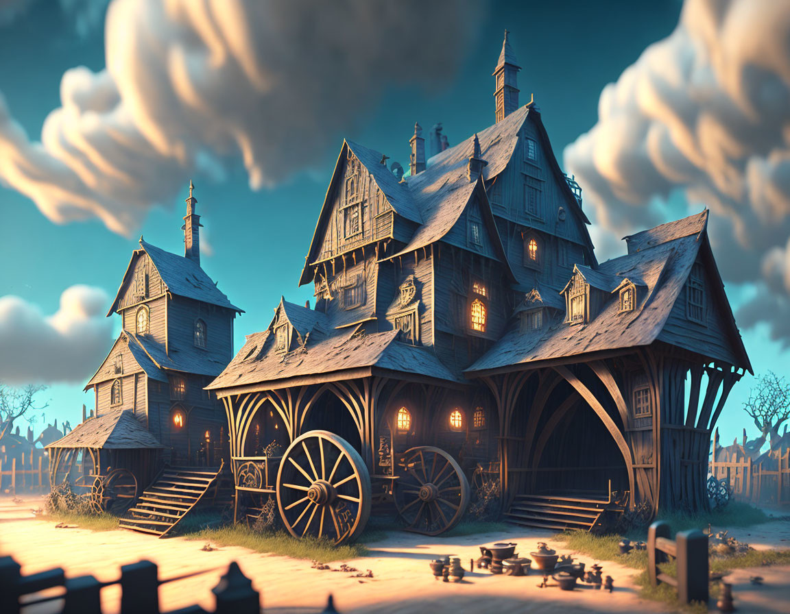 Fantasy village with wooden houses and horse-drawn carriages at twilight