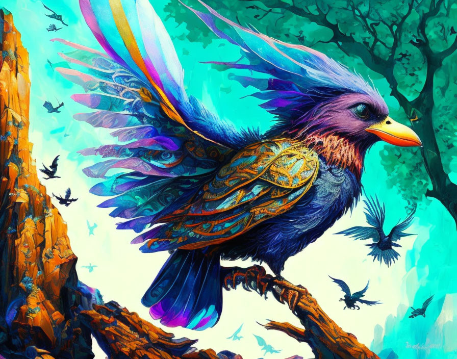 Colorful bird with ornate armor flying in mystical forest