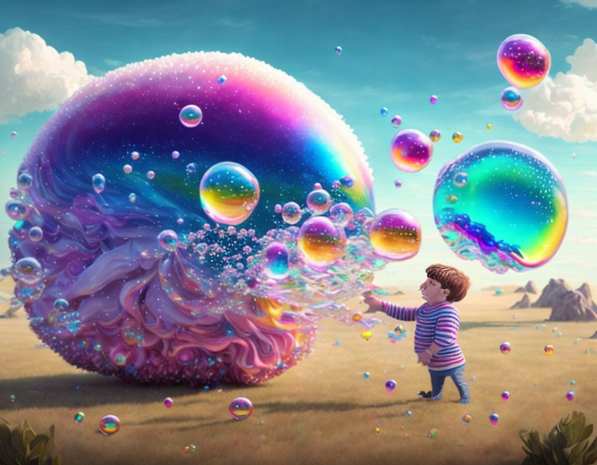 Child in Striped Shirt Reaches for Giant Soap Bubbles in Serene Landscape