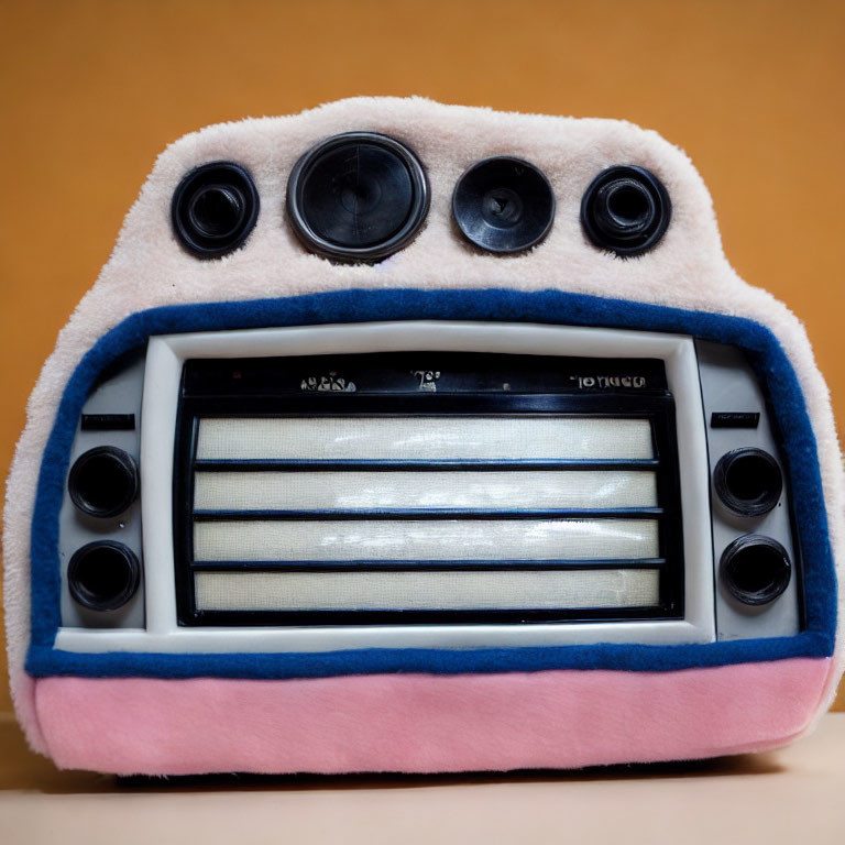 Vintage radio wrapped in pink and white fluffy fabric on orange backdrop